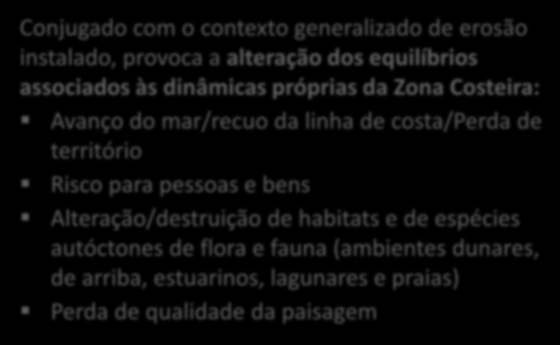 costeiras e de transição da RH5 Conjugado com o contexto generalizado de erosão instalado, provoca a alteração dos equilíbrios associados às dinâmicas próprias da Zona Costeira: Avanço do mar/recuo