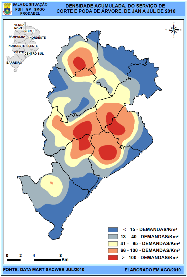 A figura 14 apresenta os mesmos pontos gerados no mapa acima, porém foi utilizada uma operação do Arcgis (Densidade de