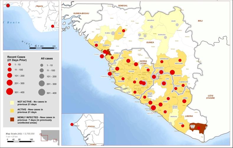 Número de casos Número de casos 4 Figura 4: Histograma e curva epidemiológica respeitantes à Serra Leoa e Freetown Semana epidemiológica 2014 Semana epidemiológica 2014 DISTRIBUIÇÃO GEOGRÁFICA A