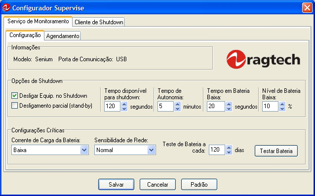 42 Através do botão Mais >> um novo diálogo aparece, permitindo configurar opções referentes ao processo de Shutdown do Supervise, para cada nobreak monitorado.