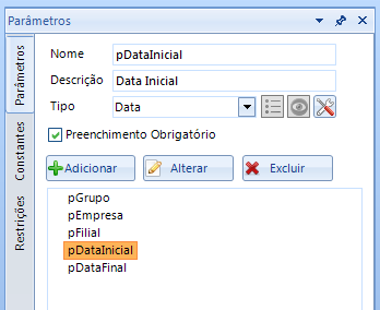 Parâmetros WecDB - 5 - No canto superior direito (Layout Padrão) ficam os Cadastros de Parâmetros, Constantes e Restrições. Os Parâmetros são utilizados como filtro para a consultas.