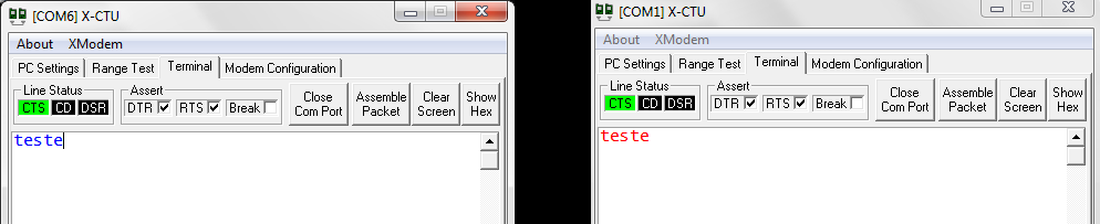 Figura 6 Configuração do software X-CTU Com isso, executou-se um simples teste para verificação do êxito na comunicação entre os módulos, apresentado na figura 7.