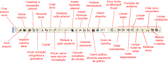 Barra de Fórmulas: tem como finalidade exibir o conteúdo da célula atual e permitir a edição do conteúdo de uma célula. Célula Selecionada: é uma célula selecionada (normalmente para ser utilizada).