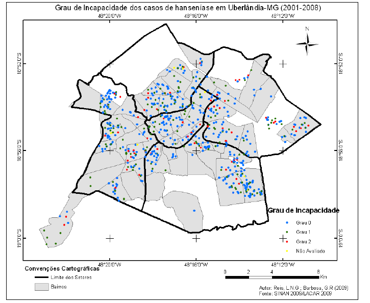 Mapa 1: Distribuição dos novos casos de hanseníase detectados no período de 2001 a 2008, segundo o grau de incapacidade(0,1,2),uberlândia- MG, Brasil, 2009. Fonte: Noronha et al.