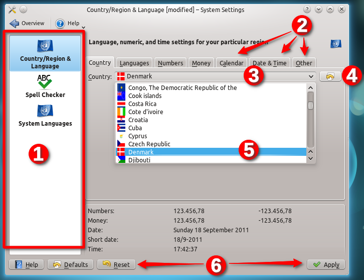 3.1.1.2 Elementos da GUI Esta imagem do painel de País/Região e idioma das Configurações do sistema mostra alguns elementos da GUI. Clique em parte da janela para aprender mais sobre a mesma. 1.