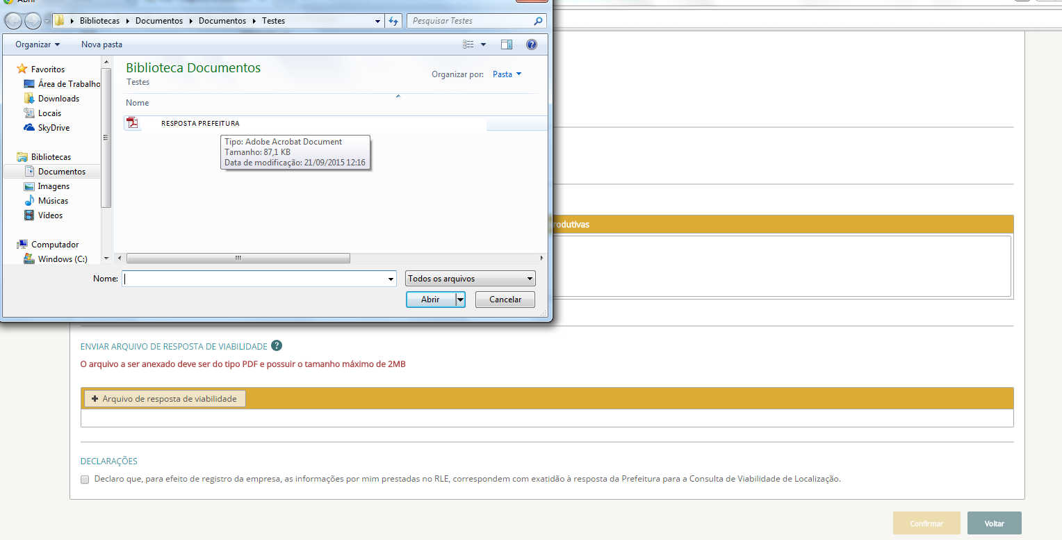 Ao final, na mesma tela, deve-se anexar ( realizar upload) o documento emitido pela prefeitura contendo a resposta da análise. Clicar em Arquivo de resposta de viabilidade. em Abrir.