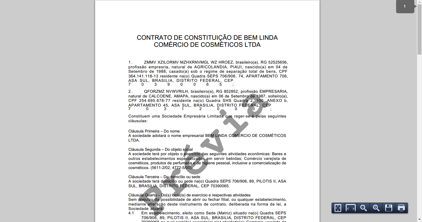 Neste momento o sistema permitirá a visualização da prévia do contrato social/requerimento padrão gerado eletronicamente para visualização ao