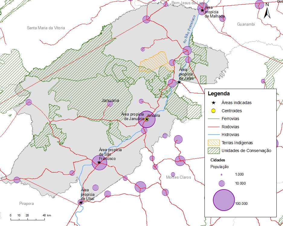 Figura 13 - Áreas indicadas para a microrregião de Januária - MG Observa-se, ainda, que a microrregião de Januária possui extenso trecho da Hidrovia do Rio São Francisco em seu território.