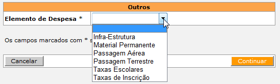 O link Outros abre a seguinte tela: Ao clicar no link Incluir, os seguintes elementos de despesa serão apresentados : Entre os elementos de despesas listados, somente Taxas de Inscrição pode