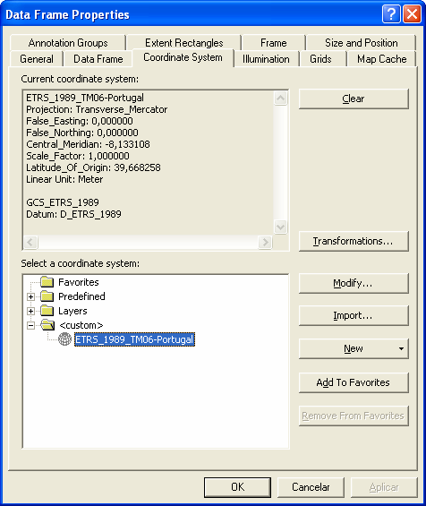 9. Após entrar na opção Data Frame Properties escolhe-se o separador Coordinate System, no qual se visualiza o sistema de coordenadas e de