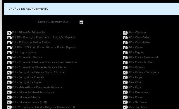 GRUPOS DE RECRUTAMENTO É disponibilizado uma tabela de seleção, onde deve selecionar o grupo ou grupos que se encontram abrangidos a atividade formativa que esta a dinamizar.