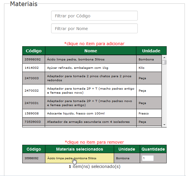 Figura 6 - Adicionando material na lista de pedidos