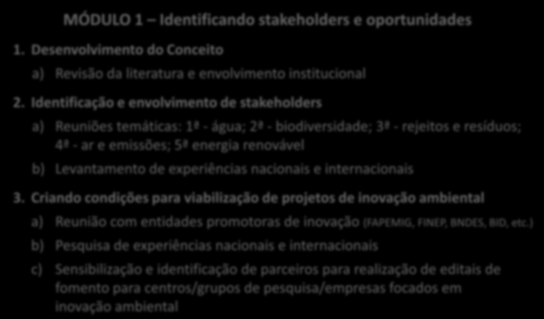 Rede Mineira de Inovação Ambiental: MÓDULO 1 Identificando stakeholders e oportunidades 1. Desenvolvimento do Conceito Etapas do Projeto a) Revisão da literatura e envolvimento institucional 2.