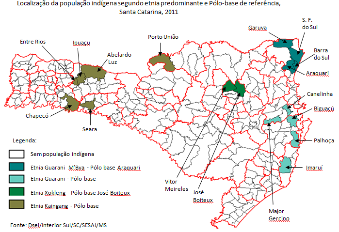 Figura 20: Localização da População indígena segundo etnia predominante e Pólo-base de referência, Santa Catarina, 2011, Considerando que os dados mais recentes, da população geral, disponibilizados