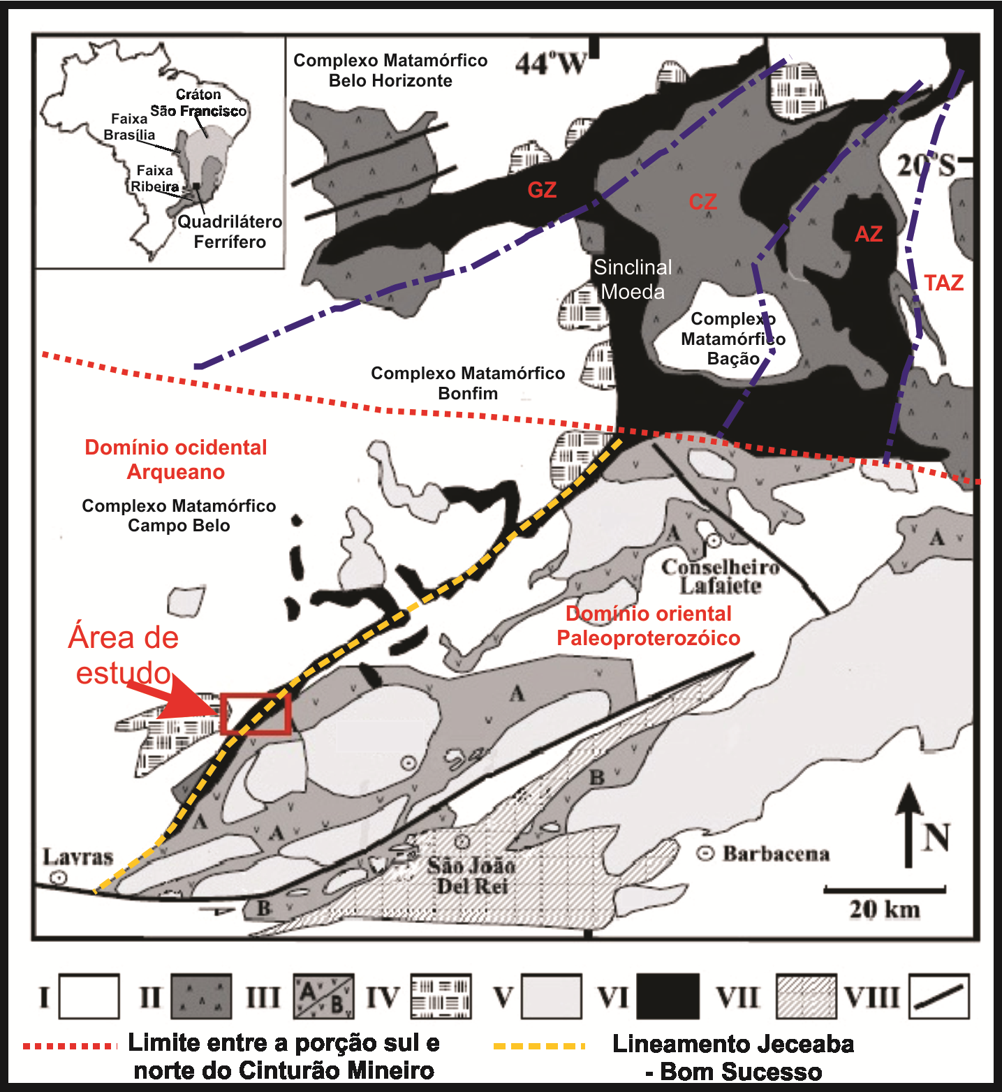 Figura 7: Mapa Geológico simplificado indicando porção norte e sul do Cinturão Mineiro, e zonas metamórficas (adaptado de Ávila et al., 2003 in: Ávila et al., 2006).