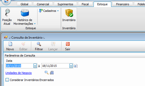 1 Criando um Novo Inventário A rotina apresentada a seguir será utilizada tanto para realizar um novo inventário de estoque da sua loja, para consultar inventários