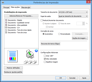 Seleção das opções de leiaute e impressão - Windows Você pode selecionar uma variedade de opções adicionais de leiaute e impressão para seus documentos ou fotos na guia Mais opções. 1.