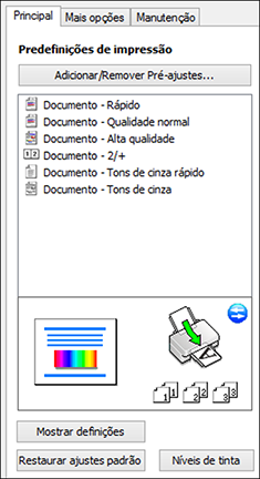 Você vê as opções de Predefinições de impressão disponíveis à esquerda: 2. Coloque o seu cursor sobre uma das Predefinições de impressão para ver uma lista de configurações. 3.