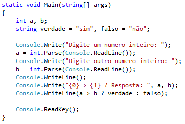 Exemplo 10 - Operadores Ternários Neste exemplo, foi realizado o teste para saber se o primeiro número digitado é