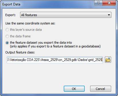 48. Na caixa Export Data que se abrirá, na opção Output Feature Class, vá para o diretório C:/Vetorização_COA_22S/Araxa_2529/Dados. 49. Na caixa de entrada Name digite grid_2529. 50.