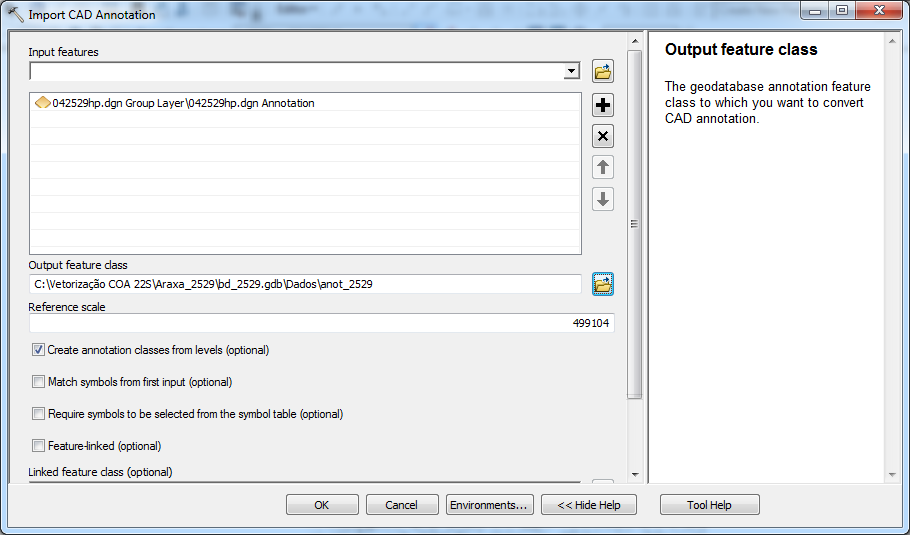 16. Na caixa de saída da opção Output feature class, vá para o sub-diretório C:\Vetorização_COA_22S\Araxa_2529\bd_2529.gdb\Dados. 17. Na caixa de entrada Name, digite anot_2529. 18.