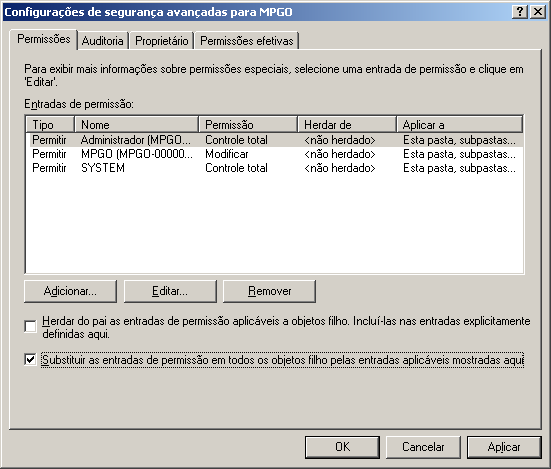 Por fim, contemplar essas configurações aos filhos do diretório, direcionando até a aba Segurança presente nas propriedades simples do diretório em questão ( C:\Documents and Settings\MPGO ).