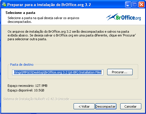 Instalação do BrOffice: Ir à pasta do BrOffice indicada abaixo e