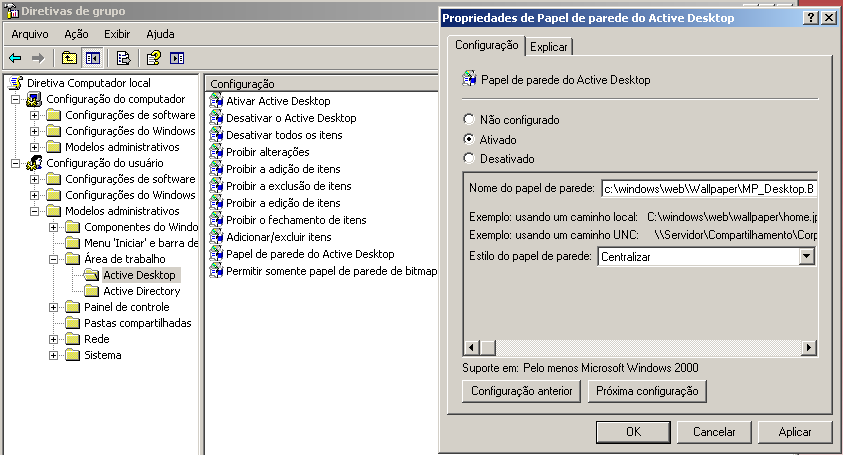Abrir na aba Executar a Diretivas de Grupo (Gpedit.msc), abrir a sessão Configuração do Usuário, Modelos administrativos, Área de trabalho, Active Desktop, Papel de parede do Active Desktop.