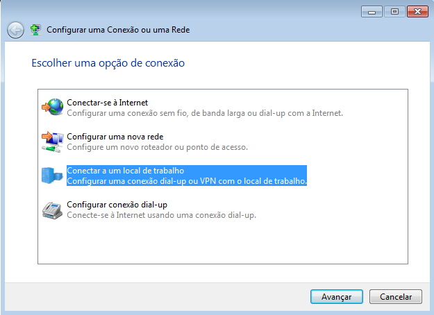 4 - Clique em "Conectar a um local de trabalho" e depois em