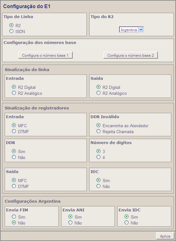 Tipo de linha Esta é a primeira configuração que deve ser feita para o E1. São disponibilizados dois protocolos para o enlace E1, o R2 e o ISDN. Apenas um destes deve ser selecionado.