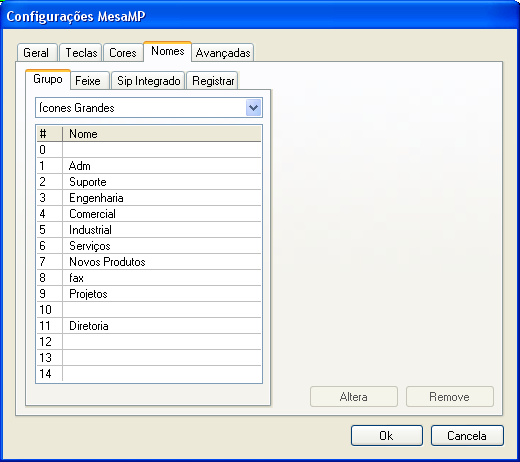 Cores Neste campo você configura a cor que será apresentada na monitoração no MesaMP Nomes Nesta tela é possível cadastrar nomes para os