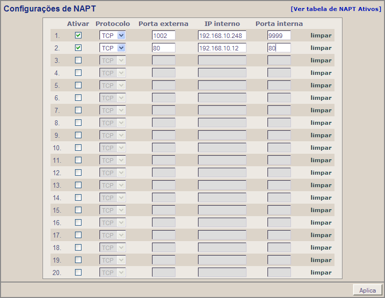 8.1.7 Configurações de NAPT NAPT (Network Address and Port Translation) é a tradução de endereços e portas de rede, sendo ambos utilizados para mapear endereços e/ou portas de uma rede interna para
