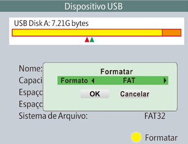 3. Para cancelar a formatação do dispositivo USB, escolha a opção Cancelar e pressione a tecla Ok do controle remoto; 4. Para sair do menu, pressione a tecla Sair.