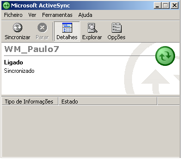 Quando termina o processo de configuração de parceria, surge o ecrã do ActiveSync no PC, indicando que o terminal está sincronizado com o PC.