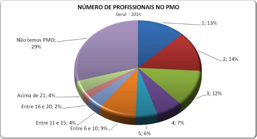 Perfil dos participantes: Quantidade de Profissionais alocados no PMO É significativa a presença de organizações que não possuem PMO (29%) Para aquelas organizações que possuem PMO, temos em média