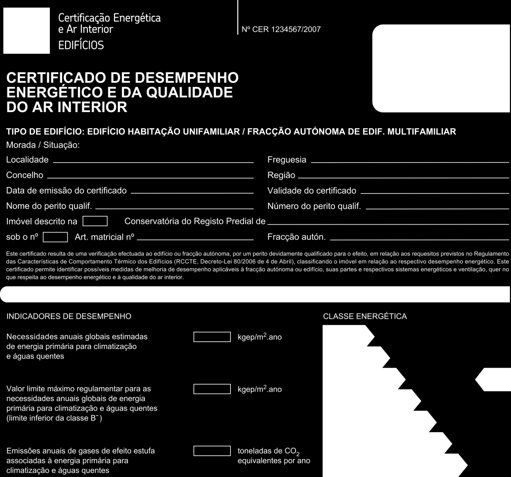 Figura 2.3: Parte do certificado SCE para edifícios do tipo Habitação Unifamiliar/Fração Autônoma de Edifício Multifamiliar. Fonte: (ADENE, 2012b).