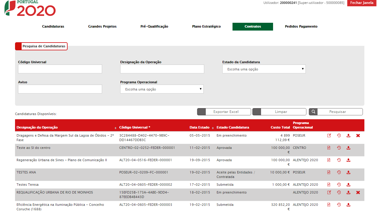 O menu Conta Corrente dá acesso a uma página de pesquisa de todas as candidaturas disponíveis que remeterá para o ecrã dos Contratos.