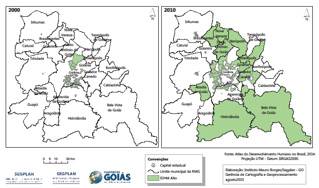 Figura 11: Localização da UDHs com IDHM Alto Região Metropolitana de Goiânia 2000 e 2010 50 A Tabela 9 traz os municípios que possuem UDH com IDHM Alto e as respectivas populações por faixa etária.
