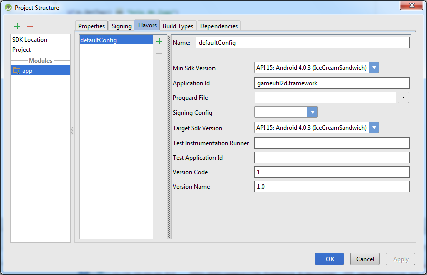 Nele informamos o identificador da aplicação (expresso como um nome de pacote). O nome padrão é gameutil2d.framework.