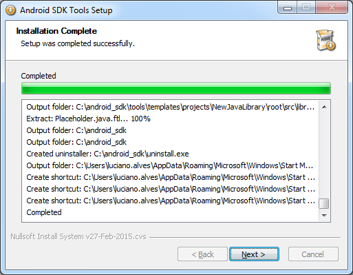 Após concluir a instalação do Android SDK clique no botão Next, conforme mostra a próxima figura : Instalação do Android SDK Na
