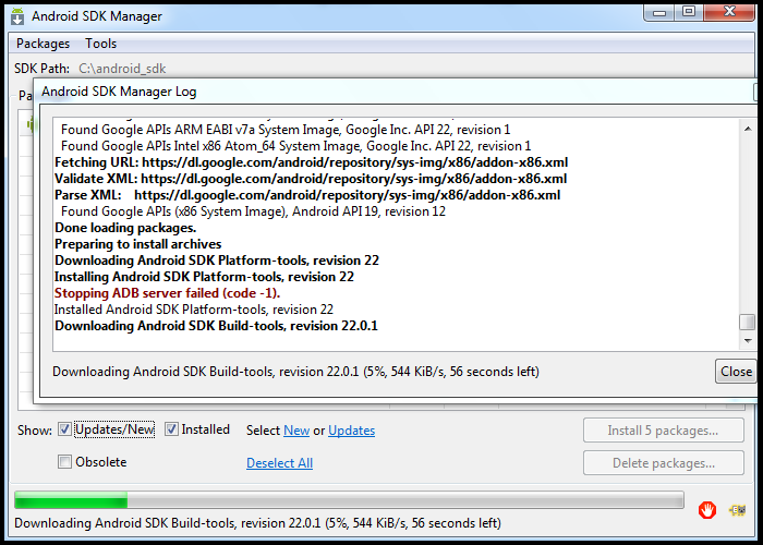 Instalação dos pacotes selecionados Aguarde a instalação e configuração de todos os pacotes através do Android SDK Manager. Depois disso, podemos fechar o Android SDK Manager. 2.3.