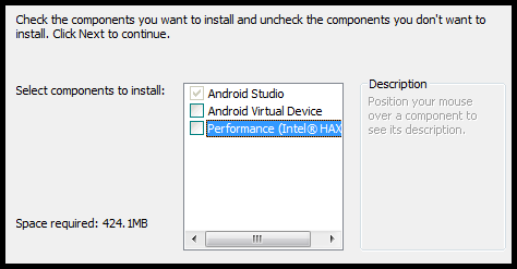 Instalação do Android Studio Por padrão as opções Android Virtual Device e Performance (Intel HAXM) estão