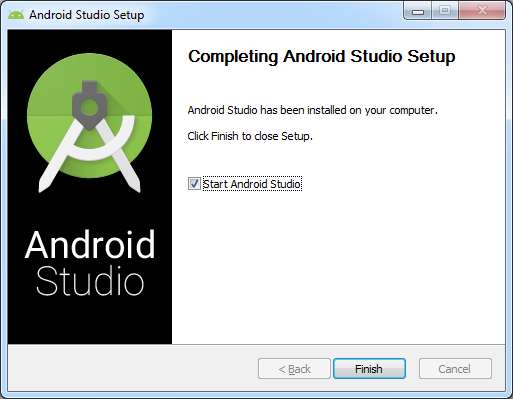 Instalação do Android Studio concluída Após clicarmos no botão Finish, será aberta a
