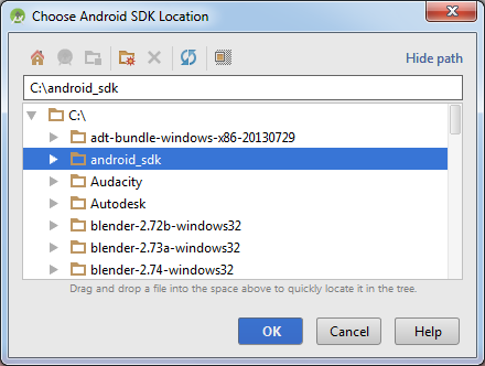 Apontando para o diretório do Android SDK Depois de apontar para o diretório do