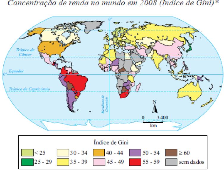 ) A partir da análise da tabela e do mapa, é correto afirmar que: a) China e Brasil são os países que apresentam os maiores índices de concentração de renda entre os dez países com maiores PIBs do