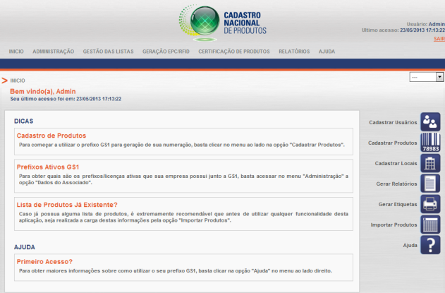 Cadastro Nacional de Produtos Tela Inicial Dados Login