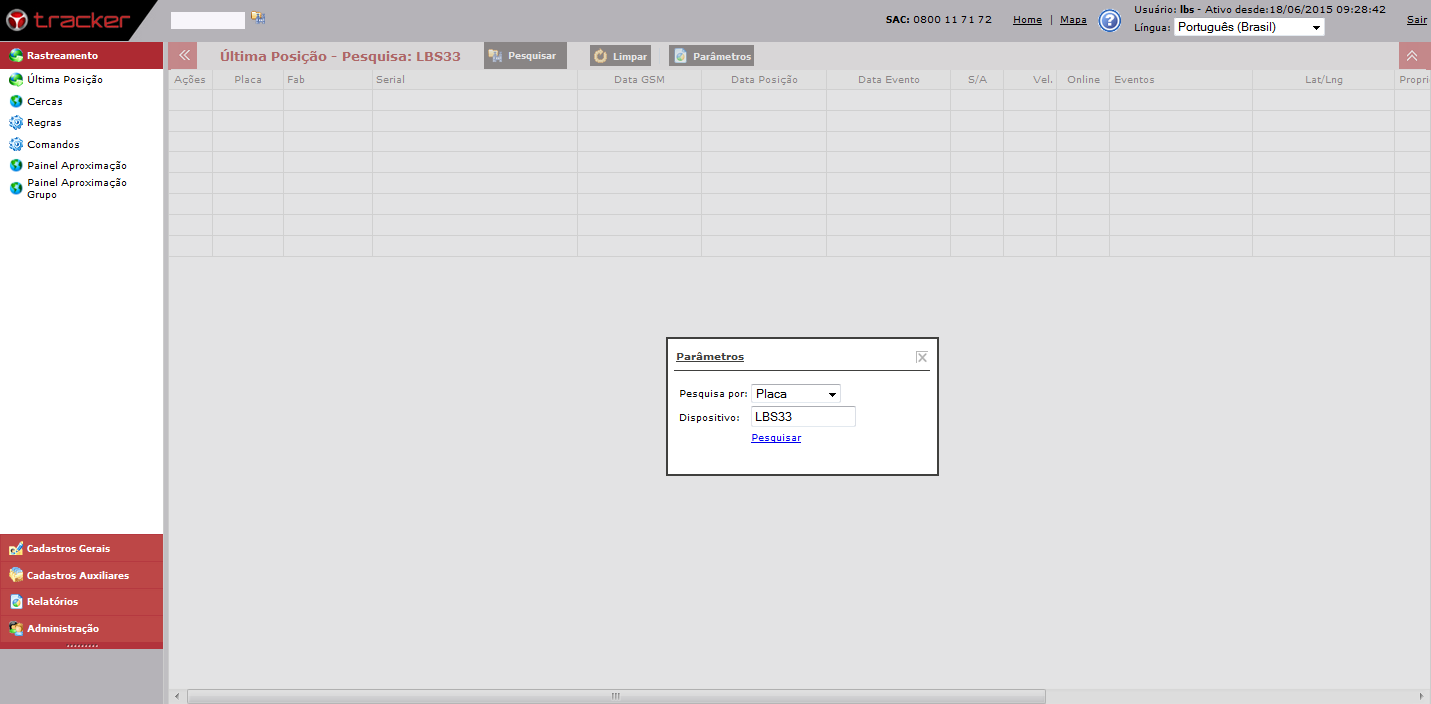 Esse menu de pesquisa mostra a última posição válida do dispositivo instalado na carga. A pesquisa pode ser requerida por: Placa (nome do dispositivo), Dispositivo (número do serial) e Proprietário.