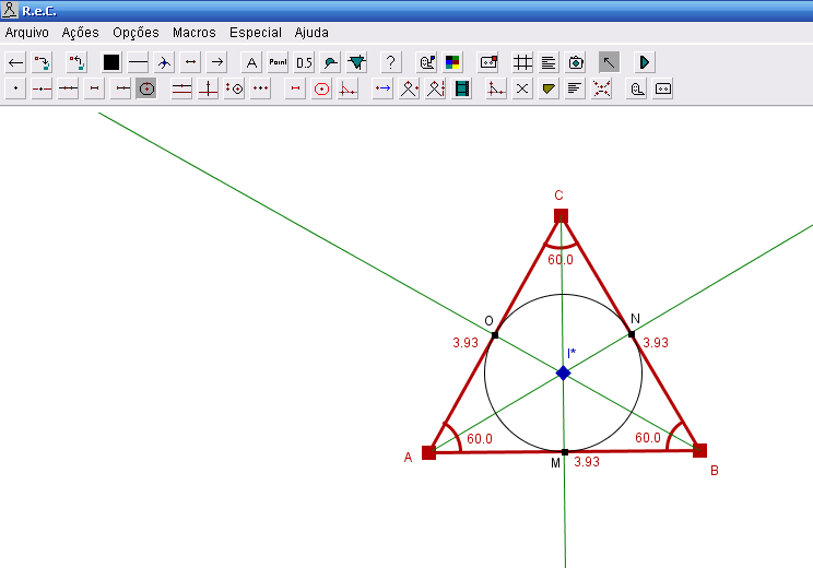 Fig. 5 Incentro d) Construção da circunferência inscrita ao triângulo equilátero: Marcar os pontos de intersecção entre as bissetrizes e os lados do triângulo e com o comando Círculo selecionado,