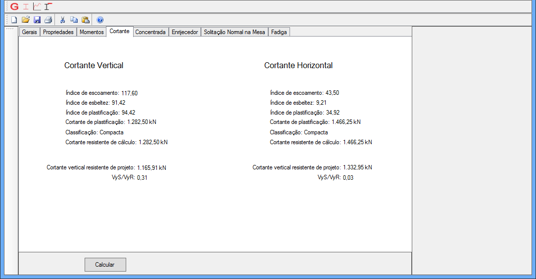 Salgado, R. A., Calenzani, A.F.G., Ferreira, W. G. Figura 9. Terceira janela de resultados verificação a momento fletor A janela de título cortante, Fig.