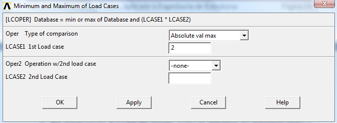 No ANSYS Main Menu dentro do General Postproc clicar em Load Case, Min & Max ; Na nova janela [LCOPER], inserir: (calcula mínimos ou máximos entre o database e o caso de carga especificado e armazena